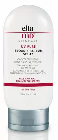 A bottle of eltamd skincare uv pure broad-spectrum spf 47 sunscreen, water-resistant and designed for face and body use, suitable for all skin types.